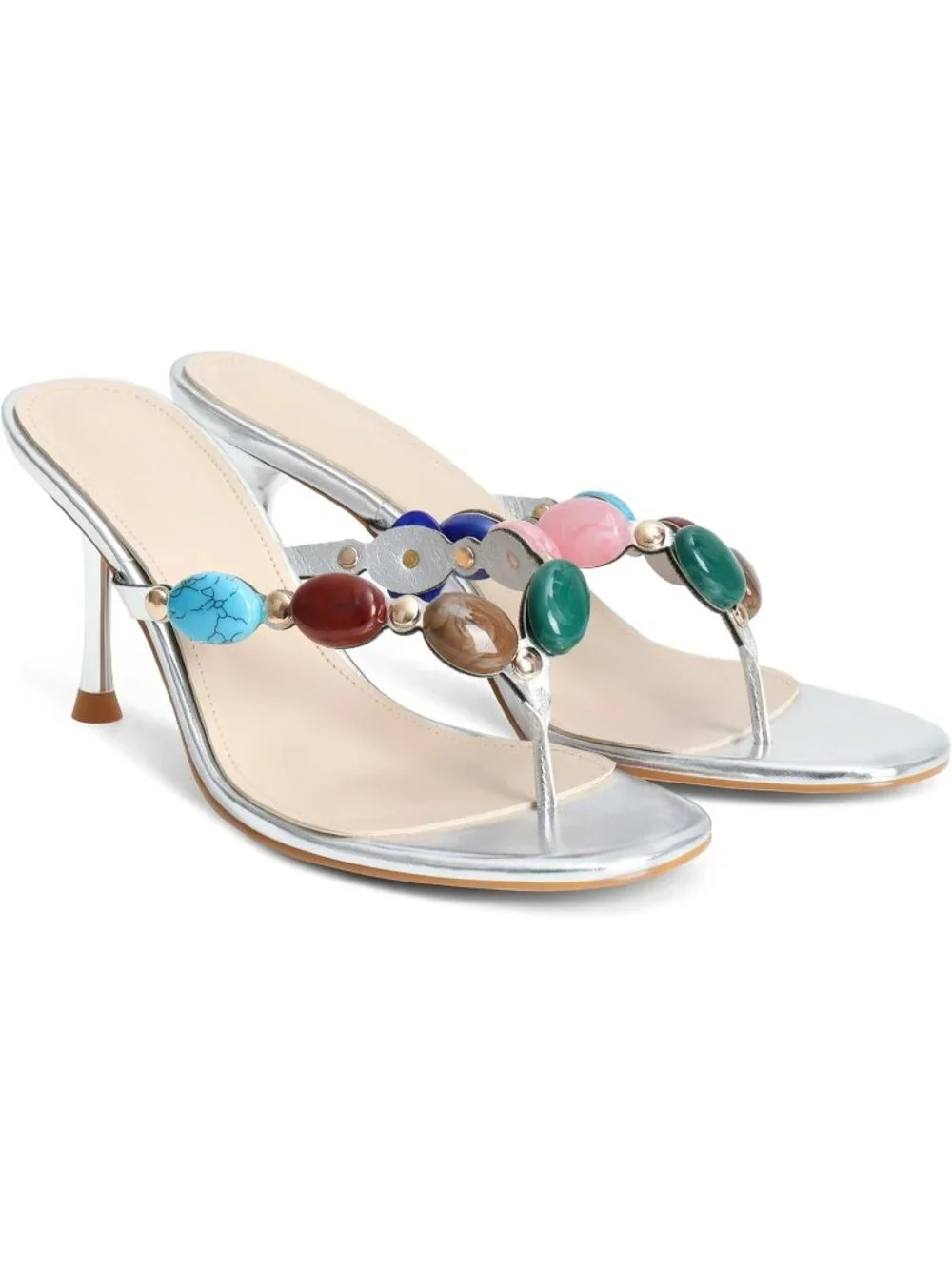 Women's Silver Open Toe Beaded Strappy High Heels Sandals Slip On Thong Heels